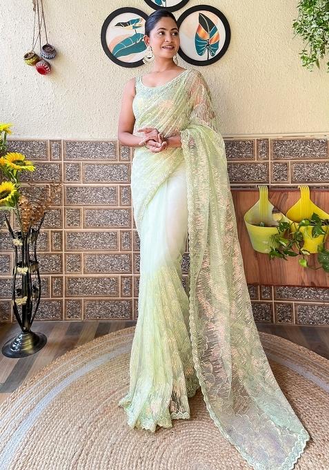 Light Green Embellished Net Saree Set — view on Indya
