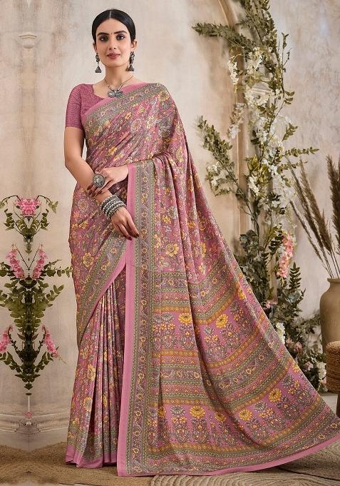 Pink Printed Crepe Saree Set — view on Indya