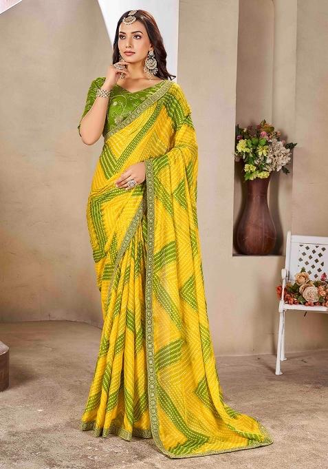 Yellow Embellished Chiffon Saree Set