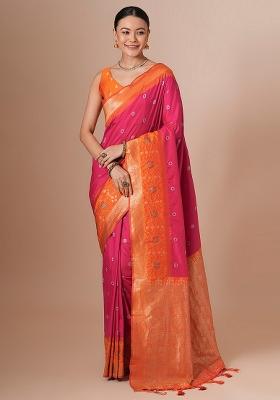 Pink Woven Design Silk Blend Saree Set
