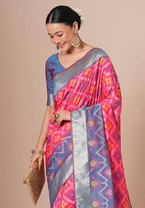 Pink Woven Design Silk Saree Set