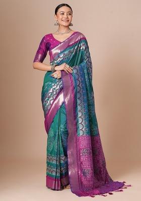 Teal Blue Woven Design Silk Blend Saree Set