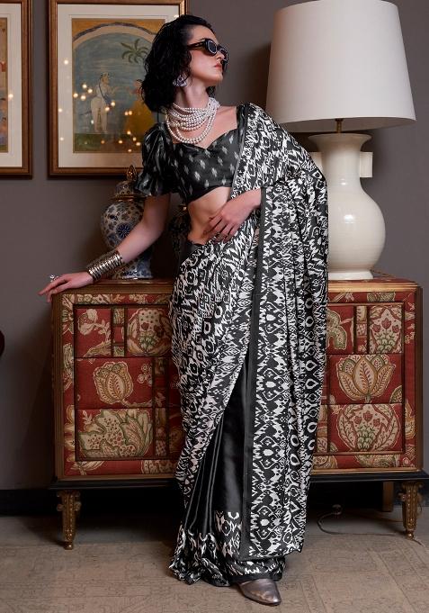 Black Printed Crepe Saree Set