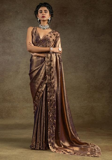 Purple Embellished Silk Saree Set