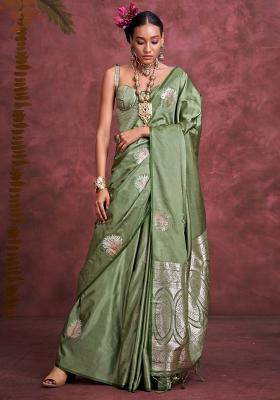 Light Green Woven Design Silk Blend Saree Set