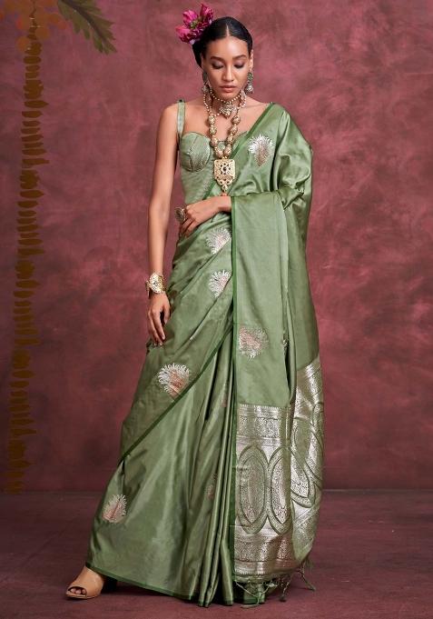 Light Green Woven Design Silk Saree Set — view on Indya