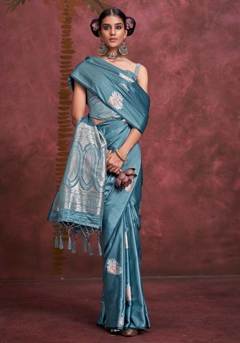 Light Blue Woven Design Silk Saree Set — view on Indya