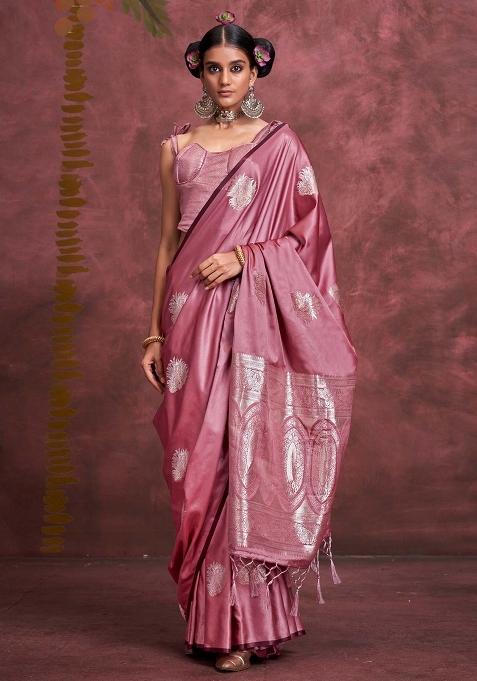 Mauve Woven Design Silk Saree Set — view on Indya