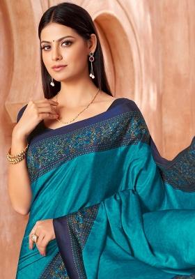 Blue Printed Crepe Saree Set