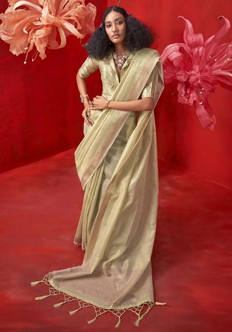 Light Green Woven Design Tissue Saree Set — view on Indya
