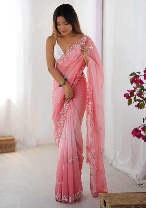 Pink Embellished Chiffon Saree Set