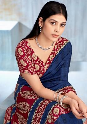 Navy Blue Printed Crepe Saree Set