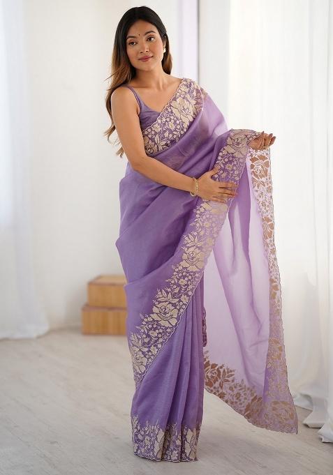 Lavender Embroidered Tissue Saree Set
