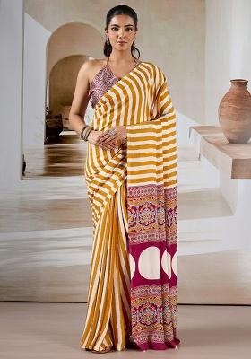 Mustard Printed Satin Saree Set