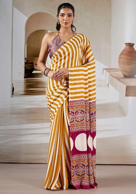 Mustard Printed Satin Saree Set