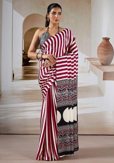 Maroon Printed Satin Saree Set