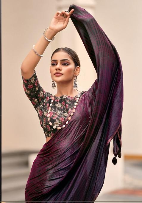 Purple Embellished Silk Saree Set