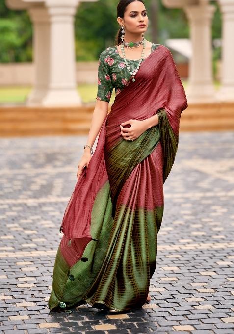 Rust Embellished Silk Saree Set — view on Indya