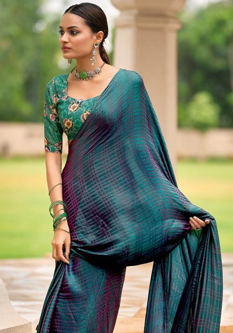 Teal Green Embellished Silk Saree Set — view on Indya