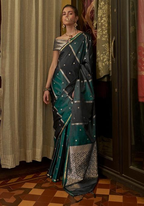 Dark Green Woven Design Satin Saree Set for Diwali | Wedding & Festive Wear