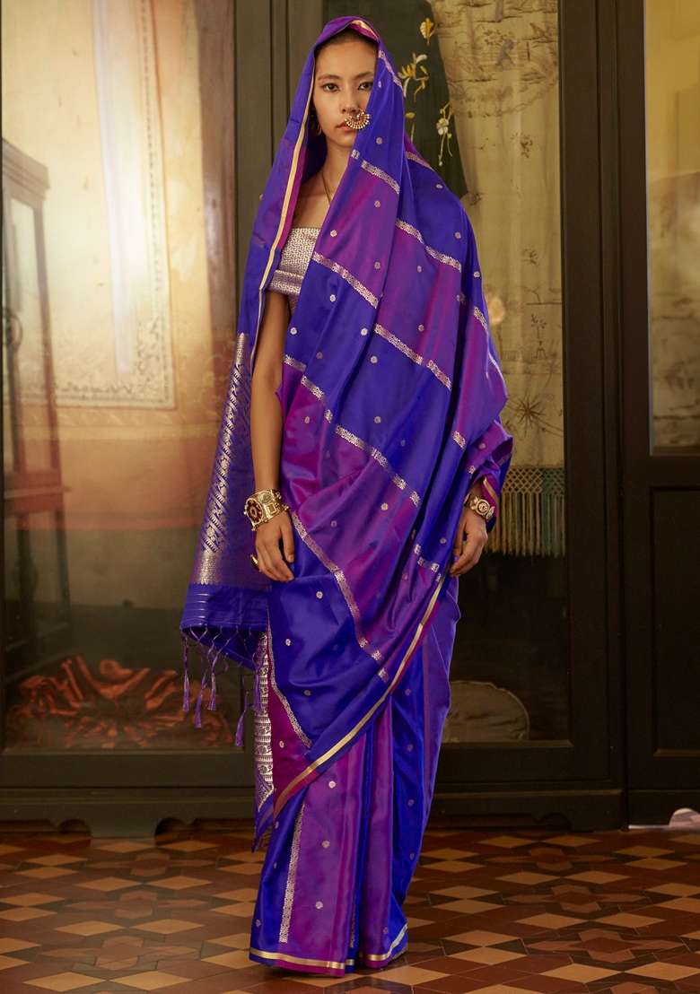 Purple Woven Design Satin Saree Set for Diwali and Festive Wear - Indya