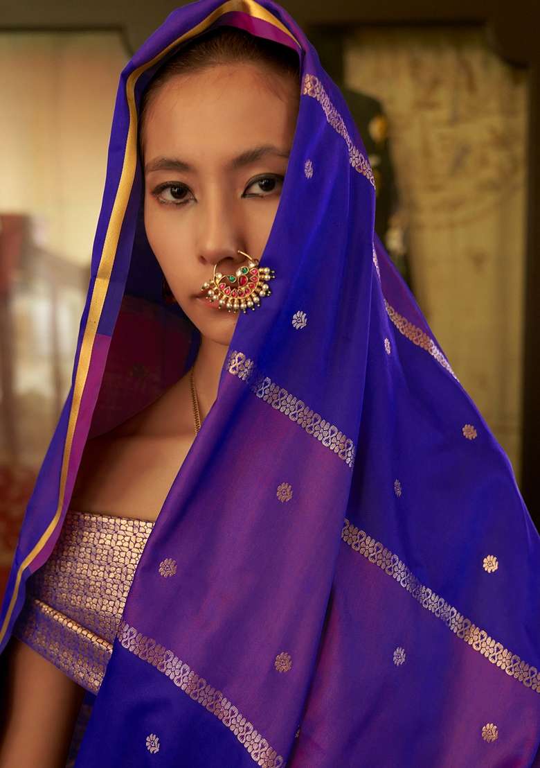 Purple Woven Design Satin Saree Set for Diwali and Festive Wear - Indya