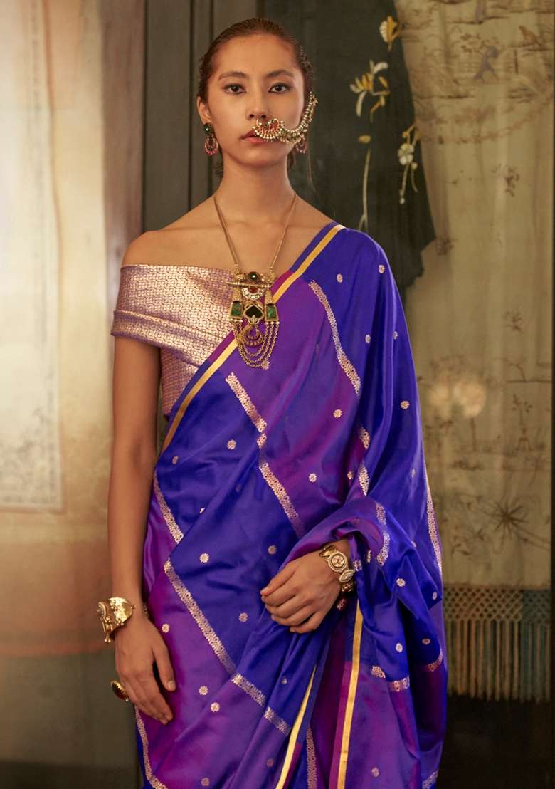 Purple Woven Design Satin Saree Set for Diwali and Festive Wear - Indya