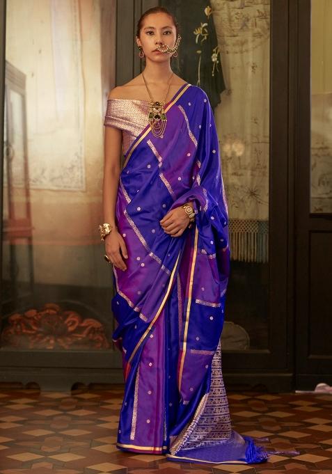 Purple Woven Design Satin Saree Set for Diwali and Festive Wear