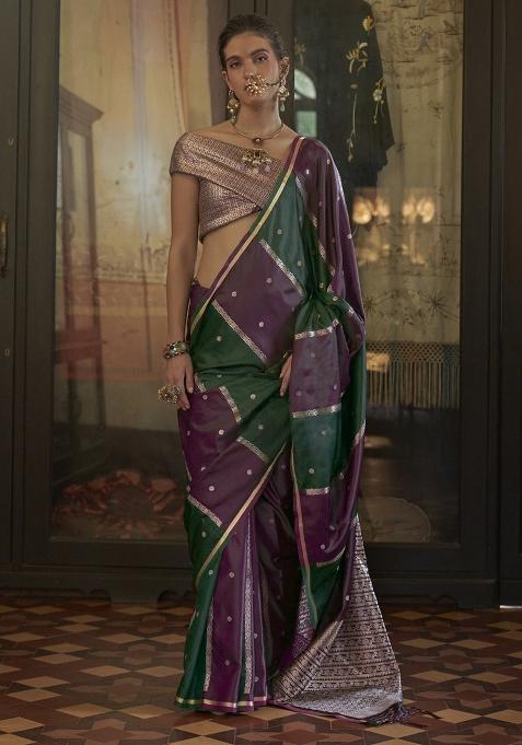 Burgundy Woven Design Satin Saree Set