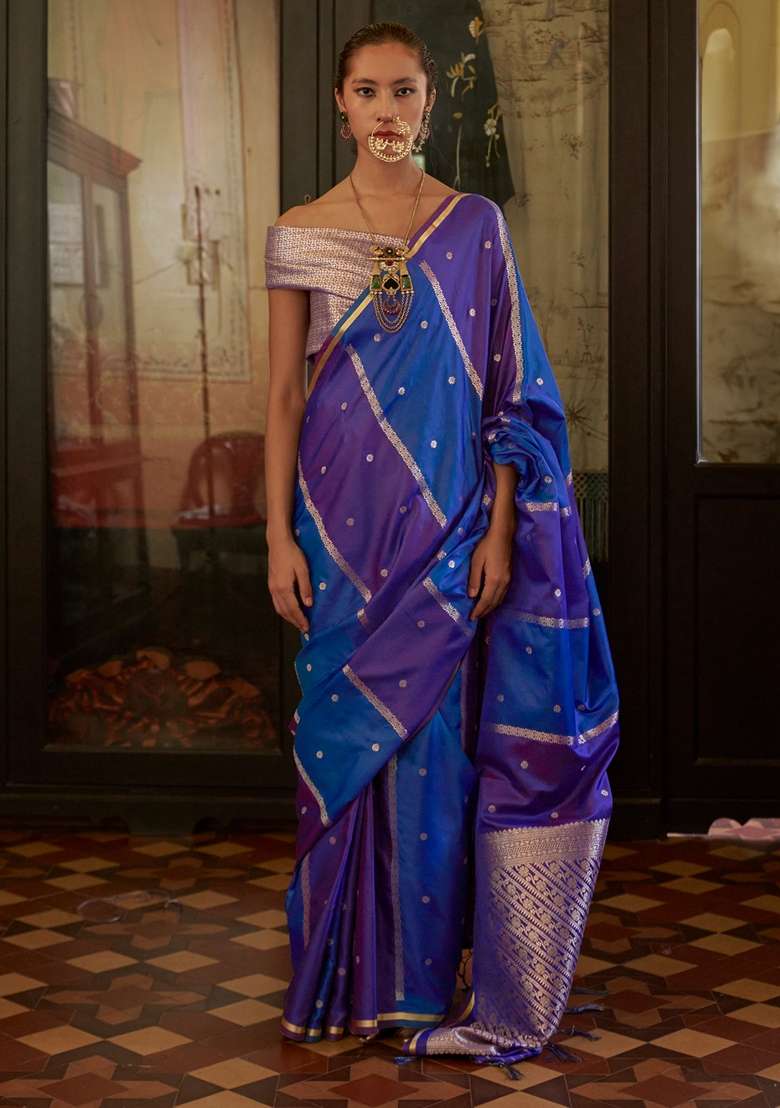 Blue Woven Design Satin Saree Set - Indya