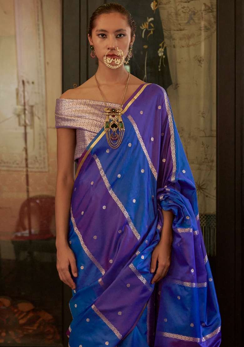 Blue Woven Design Satin Saree Set - Indya