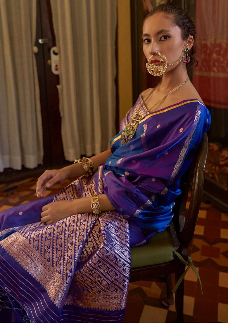 Blue Woven Design Satin Saree Set - Indya