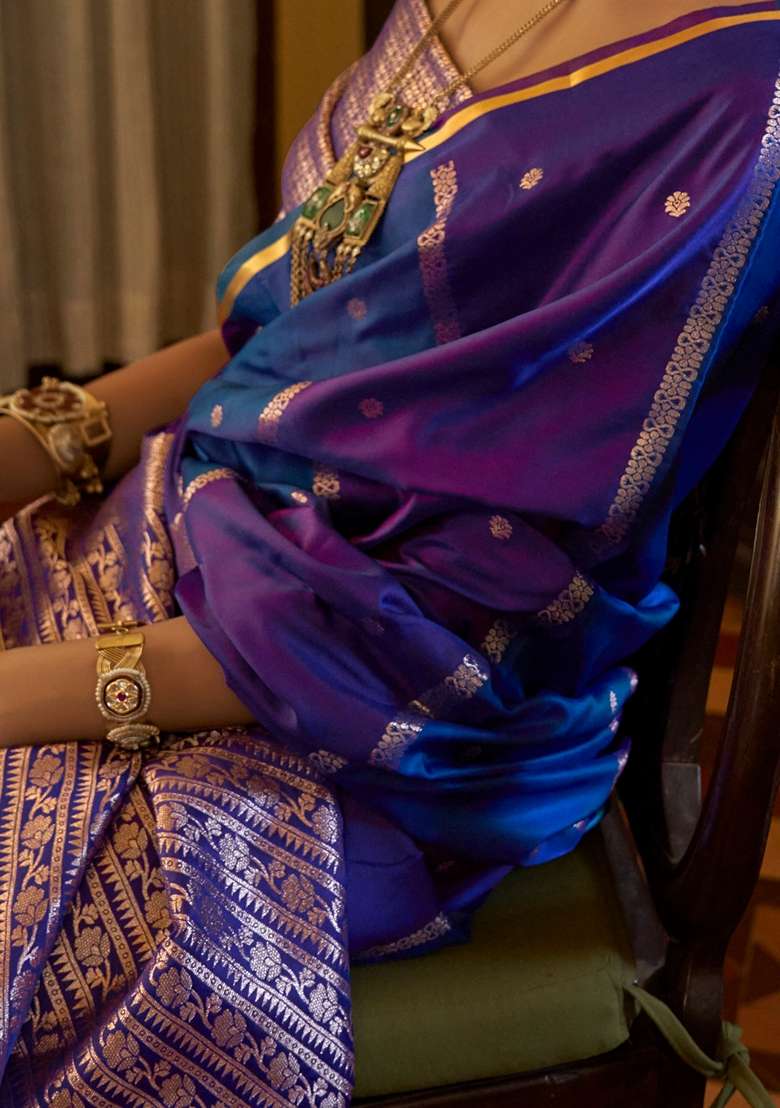 Blue Woven Design Satin Saree Set - Indya