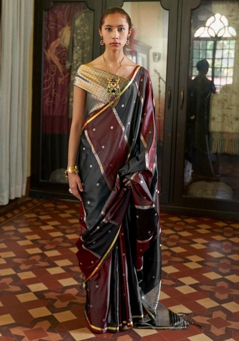 Maroon Woven Design Satin Saree Set