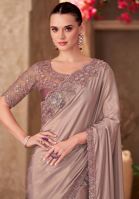 Beige Embellished Georgette Saree Set