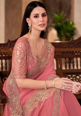 Peach Embellished Georgette Saree Set