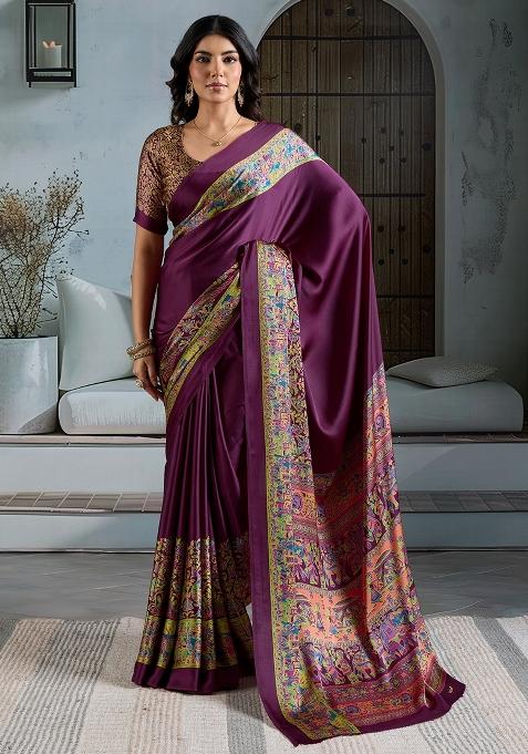 Purple Printed Satin Saree Set