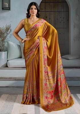 Mustard Printed Satin Saree Set