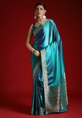 Turquoise Woven Design Silk Blend Saree Set