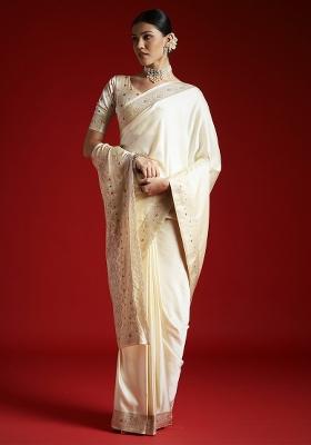 Cream Woven Design Silk Blend Saree Set