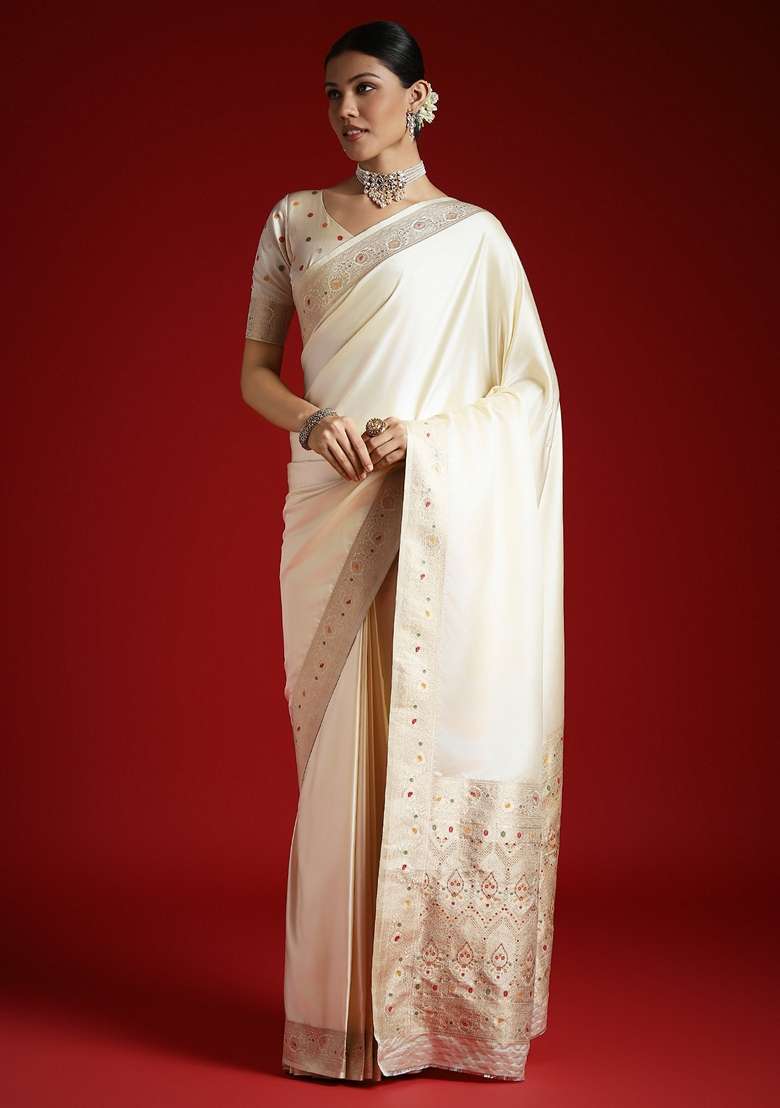 Cream Woven Design Silk Blend Saree Set - Indya