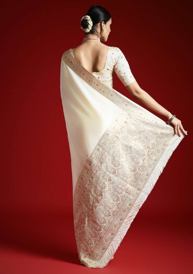 Cream Woven Design Silk Blend Saree Set - Indya