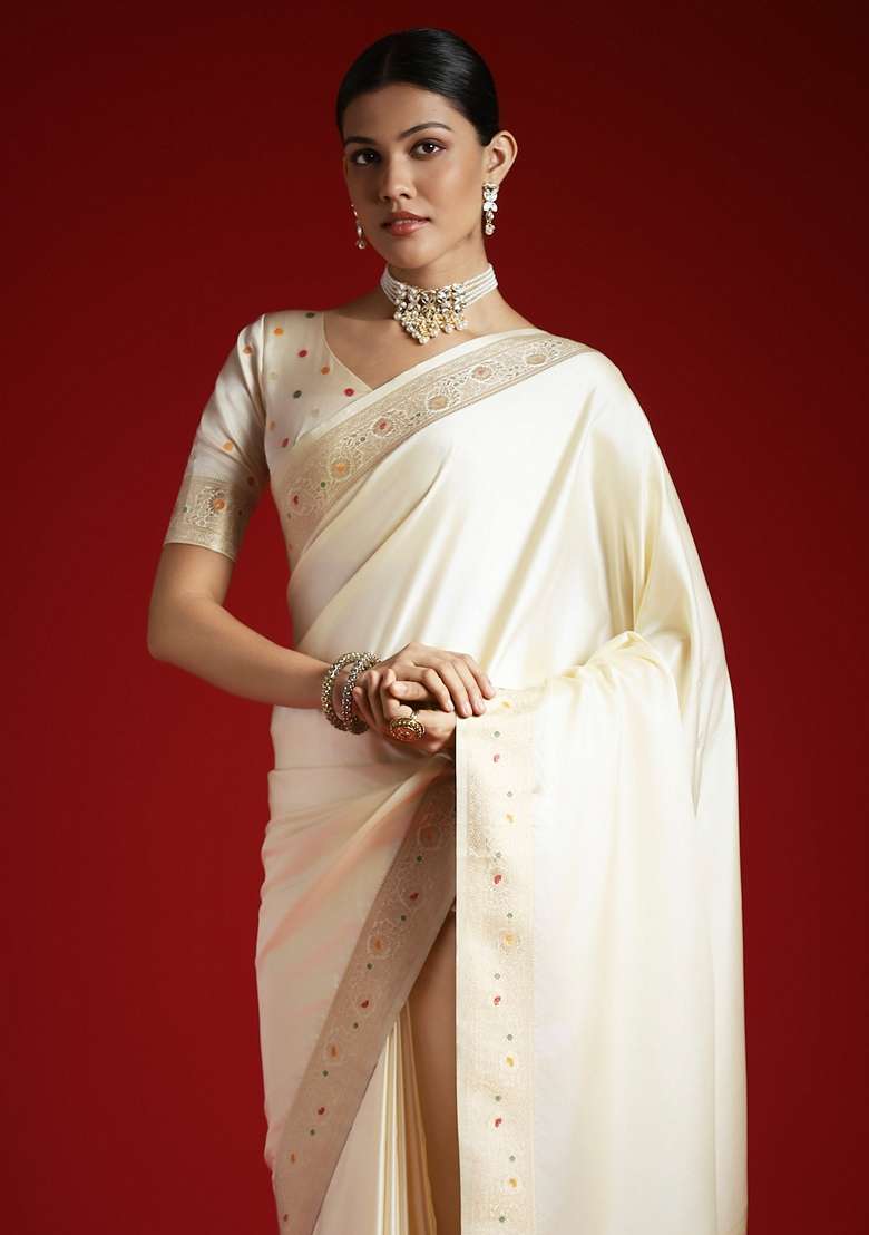 Cream Woven Design Silk Blend Saree Set - Indya