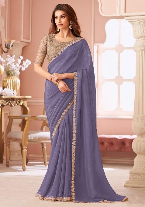 Lavender Embellished Georgette Saree Set — view on Indya