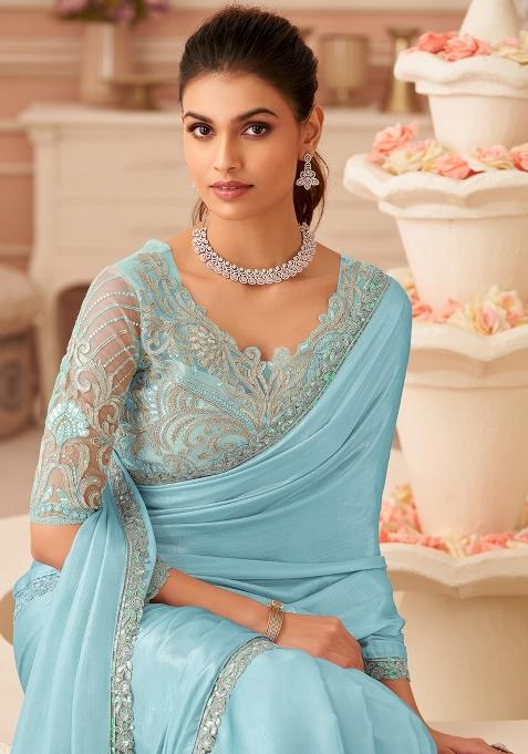 Light Blue Embellished Chiffon Saree Set