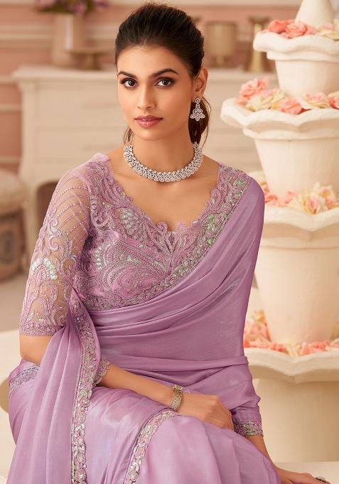 Pink Embellished Chiffon Saree Set