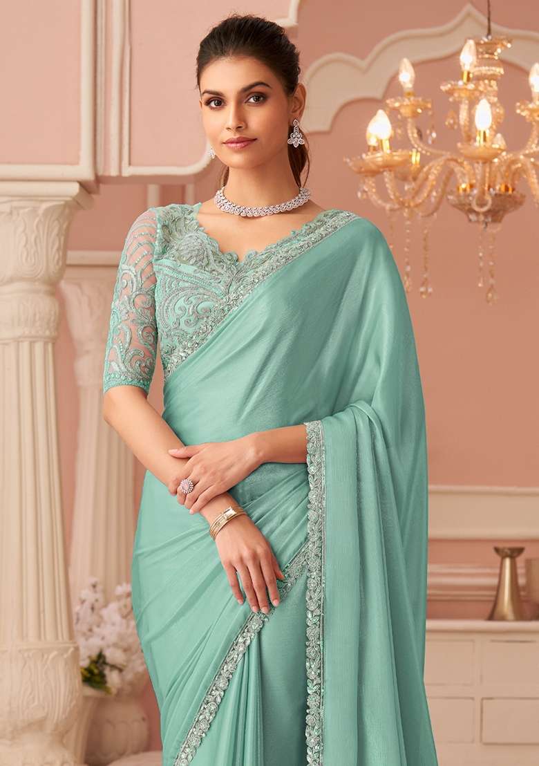 Turquoise Embellished Chiffon Saree Set for Diwali and Festive Wear - Indya