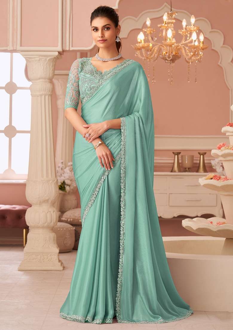Turquoise Embellished Chiffon Saree Set for Diwali and Festive Wear - Indya