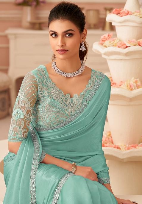 Turquoise Embellished Chiffon Saree Set