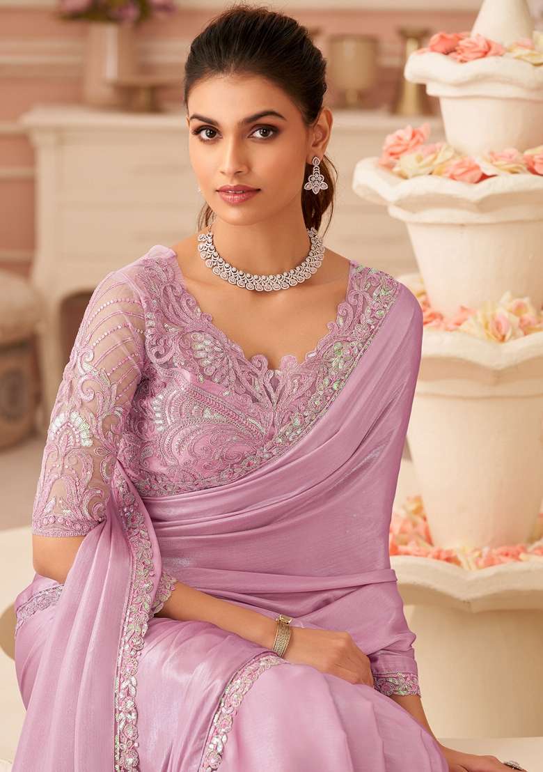 Lavender Embellished Chiffon Saree Set for Diwali | Wedding & Festive Wear - Indya